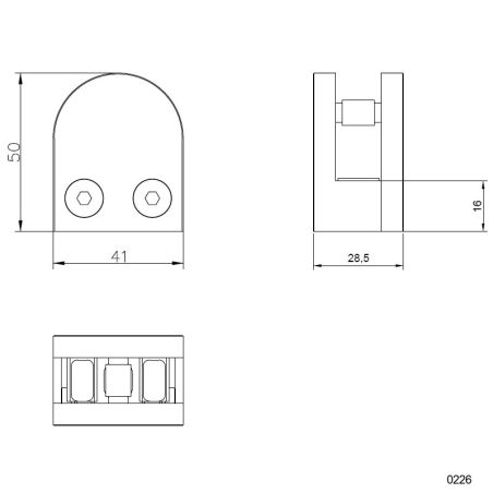 Plan coté de la pince à verre demi-ronde 40 x 50 mm pour support plat inox 304 brossé verre 6 mm