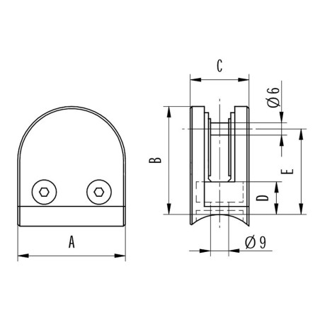 Pince à verre demi-ronde 45 x 63 mm pour support plat inox 316 brossé verre 6 mm