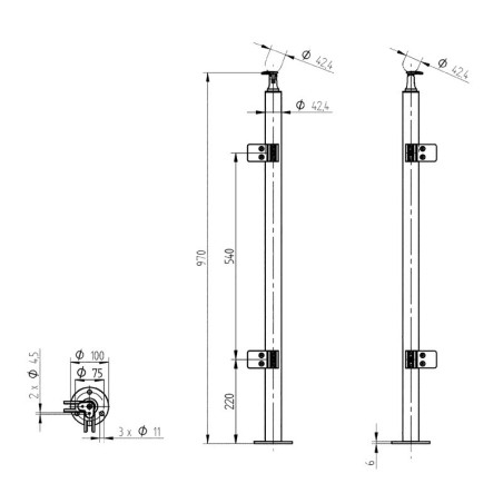 Plan coté du poteau d'angle droit rond 42,4 mm 4 pinces verre 8,76 mm inox 304 brossé