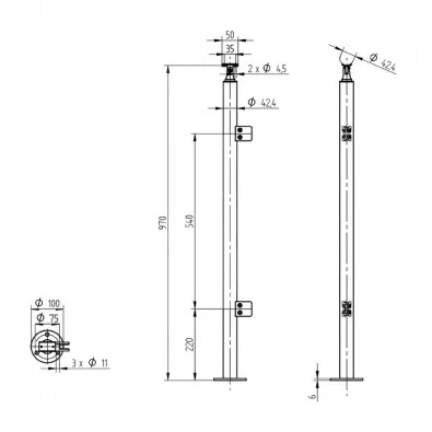 Poteau départ rond 42,4 mm 2 pinces pour verre 8,76 mm inox 304 brossé Poteau départ rond 42,4 mm 2 pinces pour verre 8,76 mm inox 304 brossé