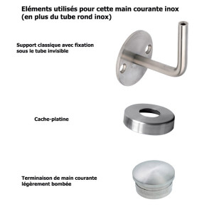 Main courante classique inox brossé sur mesure avec cache-platines, embouts bombés