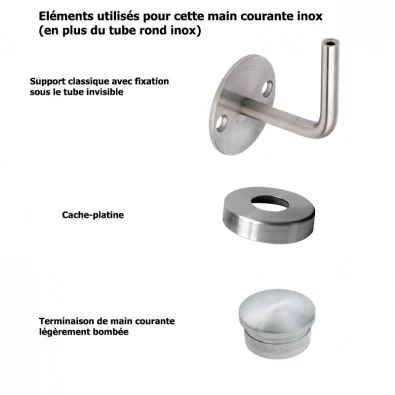 Main courante classique inox brossé sur mesure avec cache-platines, embouts bombés Main courante classique inox brossé sur mesure avec cache-platines, embouts bombés