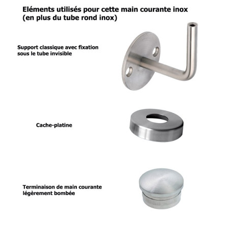 Main courante classique inox brossé sur mesure avec cache-platines, embouts bombés