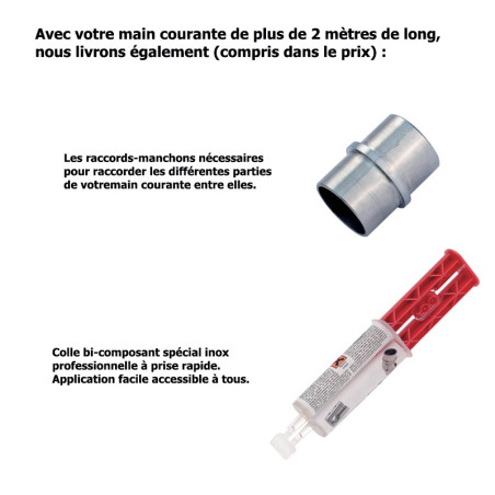 Main courante classique inox brossé sur mesure avec cache-platines, embouts bombés
