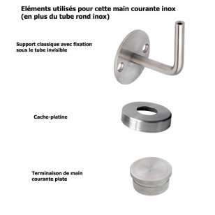 Main courante classique inox brossé sur mesure avec cache-platines, embouts plats