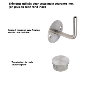 Main courante classique inox brossé sur mesure sans cache-platines, embouts plats
