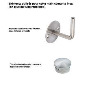 Main courante classique inox brossé sur mesure sans cache-platines, embouts bombés