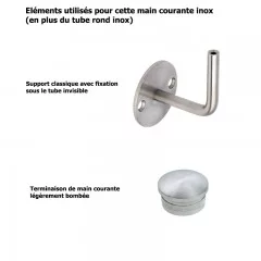 Main courante classique inox brossé sur mesure sans cache-platines, embouts bombés