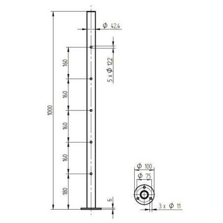 Plan coté du poteau de milieu de garde corps inox remplissage 5 barres ø 12 mm