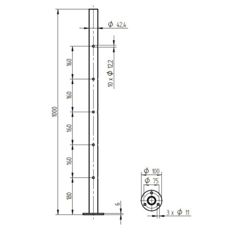Plan coté du poteau d'angle à 90° garde corps inox remplissage 5 barres ø 12 mm