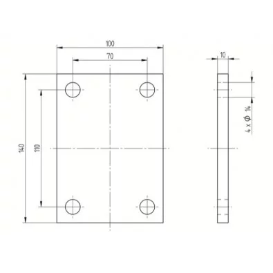 Platine à souder 140 x 140 mm épaisseur 10 mm en inox 304 brossé 1 face 4 trous ø14 mm Platine à souder 140 x 140 mm épaisseur 10 mm en inox 304 brossé 1 face 4 trous ø14 mm
