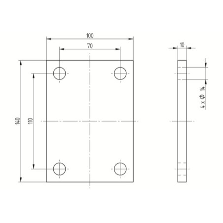 Platine à souder 140 x 100 mm épaisseur 10 mm en inox 304 brossé 1 face 4 trous ø14 mm