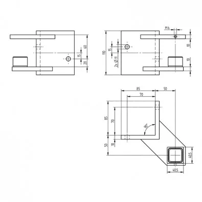 Platine de fixation tube carré 40x40,rectangulaire, d'angle saillant, inox 316 Platine de fixation tube carré 40x40,rectangulaire, d'angle saillant, inox 316