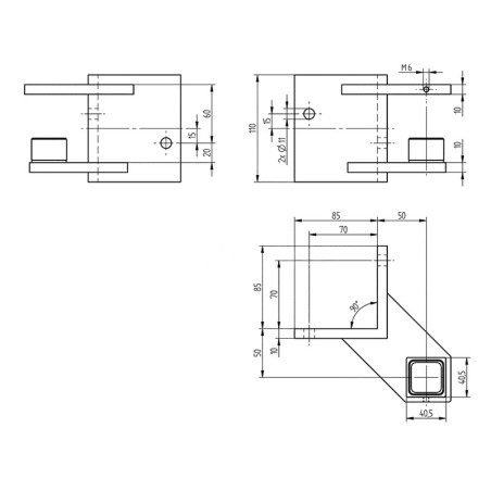 Platine de fixation tube carré 40x40,rectangulaire, d'angle saillant, inox 316