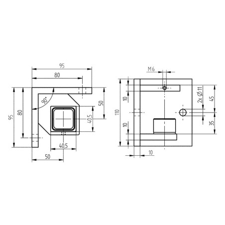 Platine de fixation tube carré 40x40,rectangulaire, d'angle rentrant, inox 316