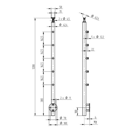 Plan coté du poteau rond de garde corps inox 5 barres à l'anglaise inox 304 brossé déport du mur 50 mm tranche de dalle plus de 