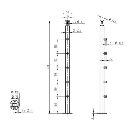 Plan coté du poteau rond 42,4 mm de garde corps inox 5 lisses pose sur le dessus