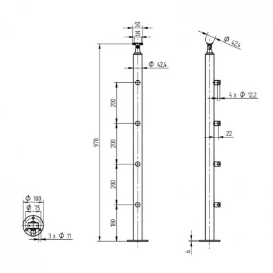 Poteau rond 42,4 mm de garde corps inox 4 lisses pose sur le dessus Poteau rond 42,4 mm de garde corps inox 4 lisses pose sur le dessus