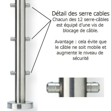 Détail du poteau de milieu de garde corps inox 6 câbles laqué RAL 7016 avec serre câbles et cache platine