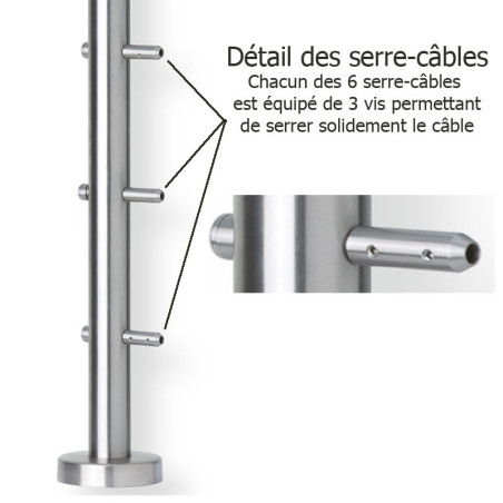 Détail du tendeur de poteau départ de garde corps inox 316 6 câbles avec serre câbles, tendeurs intégrés et cache platine
