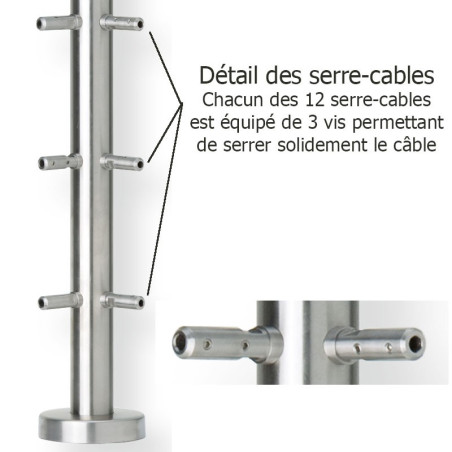 Détail du poteau d'angle à 90° de garde corps inox316  6 câbles avec serre câbles intégrés et cache platine