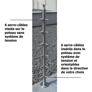Poteau d'angle à 90° de garde corps inox 316 avec 6 tendeurs et 6 serre-câbles et cache platine