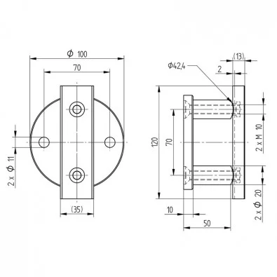 Platine de fixation garde corps latérale ronde de poteau inox déport 50mm Platine de fixation garde corps latérale ronde de poteau inox déport 50mm