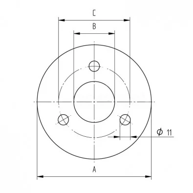Platine à souder ronde inox 304 diamètre 100 mm épaisseur 10 mm 3 trous de 11 mm trou central 43 mm Platine à souder ronde inox 304 diamètre 100 mm épaisseur 10 mm 3 trous de 11 mm trou central 43 mm