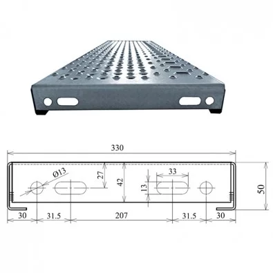 Marche acier galvanisé ERP 900 x 330 mm avec trous emboutis nez antidérapant à contraste visuel Marche acier galvanisé ERP 900 x 330 mm avec trous emboutis nez antidérapant à contraste visuel