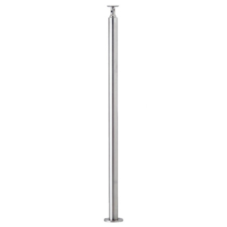 Photo du poteau rond pour rampe escalier inox 316 ,pose sur le dessus avec cache platine et support de main courante orientable