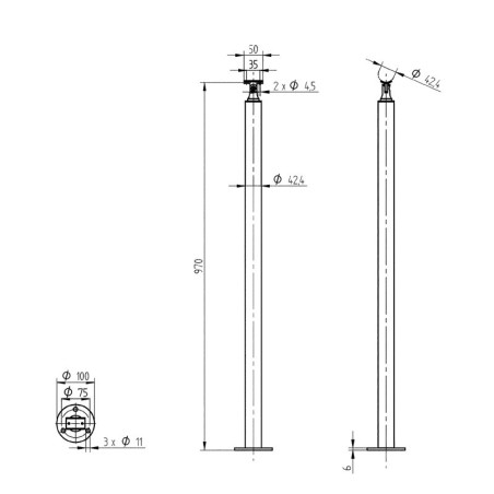 Plan coté du poteau rond pour rampe escalier inox 316 ,pose sur le dessus avec cache platine et support de main courante orienta