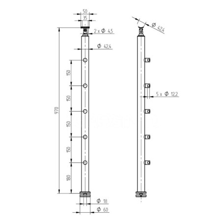 Plan coté du poteau garde corps 5 barres pose traversante et support main courante