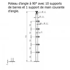 Poteau rond 42,4 mm d'angle à 90° de garde corps inox 5 lisses pose sur le dessus