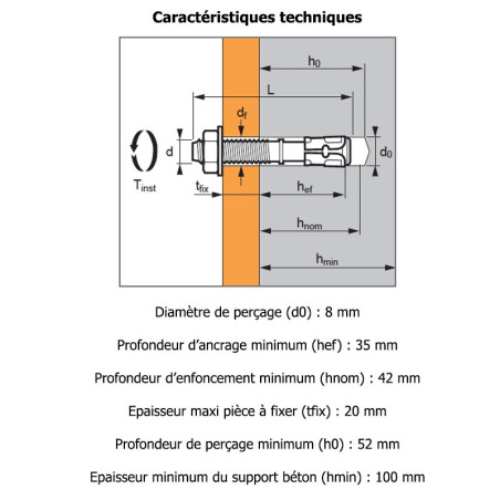 Boite de 50 goujons d'ancrage inox M10X85 pour fixation de poteau de garde corps