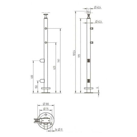 Plan coté du poteau départ droite pour verre 8,76 mm et barres 12mm inox 316 brossé